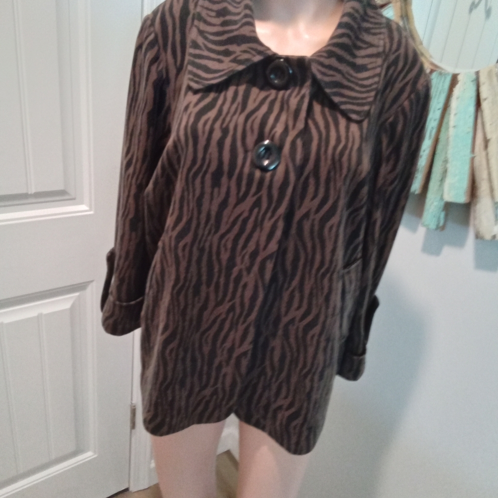 First Option Too Plus Size 16W Brown Zebra Print Coat - Picture 2 of 14